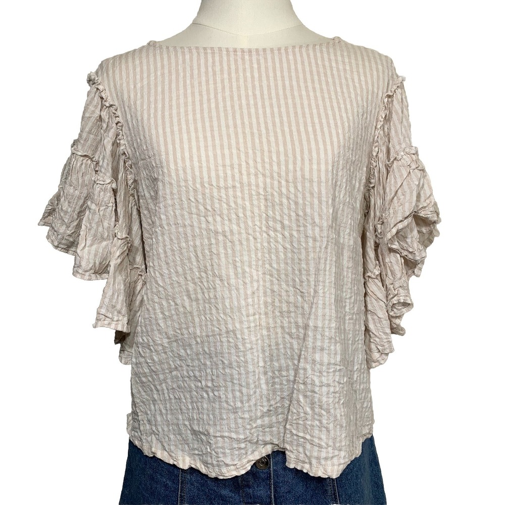 Chelsea & Theodore Blouse Womens Small Tan Striped Ruffle Sleeve Tie Back Top